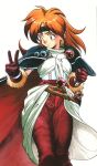  araizumi_rui armor cape earrings gloves headband highres jewelry lina_inverse orange_hair pauldrons slayers sword v weapon 