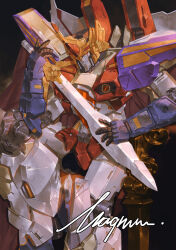  1boy absurdres airplane_wing arched_crown armor cape cotttton crown crown_bow decepticon f-15_eagle gold_crown highres holding holding_sword holding_weapon insignia jeweled_crown king looking_at_viewer male_focus mecha no_humans pointed_crown robot science_fiction shoulder_armor sitting smile solo starscream sword transformers transformers:_generation_1 weapon 