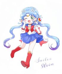  1girl ;d alternate_hairstyle back_bow bishoujo_senshi_sailor_moon blue_hair blue_sailor_collar blue_skirt blush boots bow brooch character_name chest_bow choker circlet commentary cosplay crescent crescent_choker crescent_earrings curly_hair cursive double_bun earrings elbow_gloves english_text full_body fushigiboshi_no_futago_hime gloves gold_circlet green_eyes hair_bun hair_ornament hand_on_own_cheek hand_on_own_face high_heel_boots high_heels igloo_(a_yull) jewelry leotard long_hair looking_at_viewer miniskirt one_eye_closed open_mouth pleated_skirt red_boots red_bow rein_(futagohime) sailor_collar sailor_moon sailor_moon_(cosplay) sailor_senshi_uniform short_sleeves simple_background skirt smile solo transformation_brooch_(sailor_moon) twintails very_long_hair white_background white_leotard 