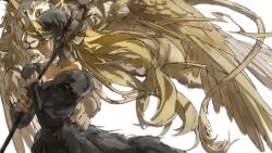  1girl absurdres black_dress blonde_hair commentary dress dungeon_meshi extra_eyes feathered_wings glaw green_eyes highres lion long_hair marcille_donato marcille_donato_(lord) spoilers white_background winged_lion_(dungeon_meshi) wings 