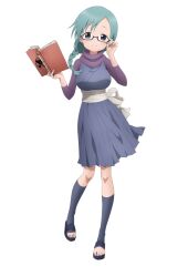  1girl adjusting_eyewear anime_coloring black-framed_eyewear black_sandals blue_kimono blue_sky blush book braid braided_ponytail breasts closed_mouth full_body glasses green_hair grey_eyes hand_up head_tilt holding holding_book japanese_clothes kimono kimono_skirt kunoichi_tsubaki_no_mune_no_uchi large_breasts long_hair long_sleeves looking_at_viewer mizubashou_(kunoichi_tsubaki_no_mune_no_uchi) ninja obi official_art okuda_yousuke pleated_skirt purple_scarf sandals sash scarf semi-rimless_eyewear simple_background single_braid skirt sky smile solo standing tachi-e toeless_legwear transparent_background under-rim_eyewear white_sash 