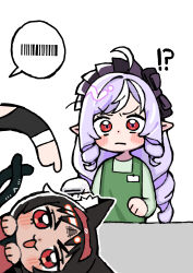  !? 3girls absurdres andii_(anzai_teachco) animal_ear_fluff animal_ears apron barcode barcode_scanner barcode_tattoo black_hair blush cat_ears cat_tail chibi chibi_only closed_mouth commentary_request counter dark-skinned_female dark_skin drill_hair green_apron hairband highres long_hair multicolored_hair multiple_girls multiple_tails nekomiya_mana nicole_demara open_mouth pointing pointy_ears purple_hair red_eyes red_hairband simple_background tail tattoo two_tails vivian_banshee white_background white_hair zenless_zone_zero 