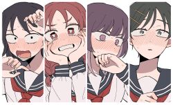  4girls alternate_costume black_eyes black_hair blue_sailor_collar blunt_bangs blush bright_pupils column_lineup commentary covering_own_mouth embarrassed flustered fujii_ayame furrowed_brow futsuu_no_keion-bu grey_eyes hair_ornament hairpin hands_on_own_cheeks hands_on_own_face hands_up hatono_chihiro heartbreak_(futsuu_no_keion-bu) highres inusuki_kogeta kouyama_rin looking_at_viewer multiple_girls neckerchief open_mouth parted_lips pixie_cut portrait purple_hair red_eyes red_hair red_neckerchief sailor_collar sailor_shirt school_uniform shirt short_hair small_pupils surprised uchida_momo upper_body v-shaped_eyebrows violet_eyes wavy_eyes wavy_mouth white_pupils white_shirt wolf_cut 