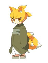  1girl animal_ear_fluff anime_coloring archived_source arm_at_side blonde_hair brown_pupils character_request closed_mouth copyright_request expressionless extra_tails fox_girl full_body green_kimono green_sash green_sleeves grey_sandals itsumo_nokoru japanese_clothes kimono legs_apart looking_at_viewer no_nose obi okobo platform_sandals ponytail sandals sash short_ponytail sidelocks simple_background sleeves_past_fingers sleeves_past_wrists solo standing toes two-tone_tail white_background white_fur white_tail yellow_eyes yellow_fur yellow_tail 