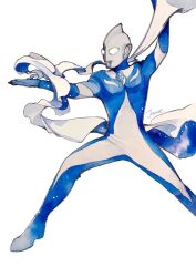  1boy alien arm_up artist_name blue_ribbon blue_skin color_timer colored_skin commentary compound_eyes dorsal_fin fighting_stance foot_out_of_frame glowing glowing_eyes jo_mawe legs_apart looking_ahead male_focus multicolored_skin open_hand outstretched_arm pectorals ribbon signature silver_skin simple_background solo standing tokusatsu toned toned_male two-sided_ribbon two-tone_skin ultra_series ultraman_cosmos ultraman_cosmos_(luna_mode) ultraman_cosmos_(series) white_background white_eyes white_ribbon wrinkled_skin 