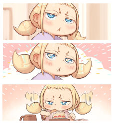  1girl :&lt; afterimage blonde_hair blue_eyes blush cake cake_slice closed_mouth flapping food holding holding_spoon hood hood_down hoodie kozato_(yu_kozato) little_blonde_girl_(kozato) original short_eyebrows short_sleeves spoon thick_eyebrows twintails v-shaped_eyebrows white_hoodie wooden_spoon 