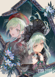  2girls animal_ears arknights back-to-back bang_dream! bang_dream!_it&#039;s_mygo!!!!! beret black_bonnet black_dress black_gloves bonnet broken_mirror chinese_commentary chromatic_aberration closed_mouth commentary_request constricted_pupils crazy_smile dress dual_persona floppy_ears flower gloves gothic_lolita green_hair green_ribbon hair_ornament hat highres lolita_fashion long_hair looking_at_viewer looking_back mirror mortis_(bang_dream!) mortis_(costume)_(bang_dream!) mortis_(persona)_(bang_dream!) multiple_girls mxd_taolifly open_mouth rabbit_ears red_hat ribbon sidelocks smile wakaba_mutsumi wakaba_mutsumi_(marionette&#039;s_id) white_flower x_hair_ornament yellow_eyes 