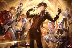  3girls 4boys absurdres albedo_(genshin_impact) alternate_costume animal_ears aqua_eyes bass_guitar black_dress black_hair blonde_hair blue_eyes blue_hair breasts brown_gloves brown_hair brown_jacket brown_pants brown_pantyhose brown_vest cape cat_ears cat_girl cat_tail closed_mouth commentary diona_(genshin_impact) dress earrings electric_guitar eula_(genshin_impact) facial_mark flute forehead_mark ganyu_(genshin_impact) genshin_impact gloves gradient_hair green_hair grey_pants grey_shirt guitar hair_between_eyes hairband highres holding holding_flute holding_guitar holding_instrument horns instrument jacket jewelry long_hair long_sleeves male_focus multicolored_hair multiple_boys multiple_girls music official_alternate_costume one_eye_closed open_mouth orange_hair pants pantyhose pink_hair pipa_(instrument) playing_bass_guitar playing_instrument pponnya shirt short_hair smile tail tartaglia_(genshin_impact) vest violet_eyes white_dress white_vest xiao_(genshin_impact) yellow_eyes zhongli_(genshin_impact) 