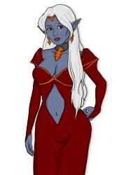 1girl blue_skin breasts bridal_gauntlets center_opening choker circlet cleavage clothing clothing_cutout colored_skin commission commissioner_upload crown dark_elf diadem dress earrings ears elf female grey_skin hand_on_hip hand_on_own_hip headwear jewelry large_breasts lips lipstick long_dress long_hair looking_at_viewer makeup medium_breasts navel navel_cutout official_art pirothea_nelvarryl pointed_ears red_dress red_eyes soapwyrt solo tiara ways_of_darkness_(series) white_hair
