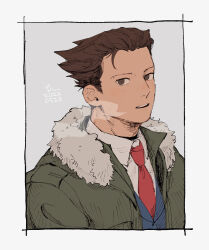  1boy ace_attorney blue_jacket border brown_eyes brown_hair coat erm_nkcn fur-trimmed_coat fur_trim green_coat highres jacket looking_at_viewer male_focus necktie phoenix_wright short_hair smoke solo upper_body white_border winter 