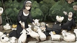  5girls animal_costume animal_ears baby_animal baby_bottle bird black_shoes blonde_hair blue_eyes bottle brown_hair brown_hat bush chicken clumsy_nun_(diva) diva_(hyxpk) duck duckling english_commentary fake_animal_ears feeding freckles froggy_nun_(diva) grey_hair hat highres lamb little_nuns_(diva) milk mole mole_under_mouth multiple_girls nun pitchfork rope_belt sheep sheep_costume sheep_ears sheep_nun_(diva) shoes shy_nun_(diva) strict_nun's_mother_(diva) tongue tongue_out traditional_nun triangle_mouth 