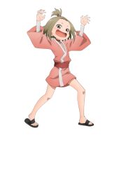  1girl :d anime_coloring arched_back arms_up bandaged_arm bandages beads black_sandals blush brown_eyes claw_pose fishnet_top fishnets flat_chest full_body green_hair hair_beads hair_ornament housenka_(kunoichi_tsubaki_no_mune_no_uchi) japanese_clothes kimono kunoichi_tsubaki_no_mune_no_uchi long_sleeves looking_at_viewer ninja obi official_art okuda_yousuke open_hands open_mouth pink_kimono red_sash sandals sash short_hair short_kimono sidelocks simple_background smile solo spread_fingers standing tachi-e transparent_background v-shaped_eyebrows 