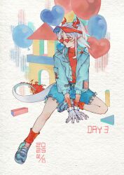  1girl absurdres arknights balloon bingyu460 blowing_bubble_gum blue_hair blue_jacket blue_shoes blue_shorts chewing_gum chinese_commentary commentary_request dated dragon_girl dragon_horns dragon_tail earrings full_body gloves grey_gloves grey_hair heart heart-shaped_eyewear heart_balloon highres horns jacket jewelry kneehighs looking_to_the_side medium_hair multicolored_hair nian_(arknights) open_clothes open_jacket orange-tinted_eyewear orange_hair orange_socks orange_sweater paper_texture partial_commentary pointy_ears shoes shorts sitting socks solo streaked_hair sweater tail three-quarter_sleeves tinted_eyewear toy turning_head turtleneck turtleneck_sweater violet_eyes visor_cap 