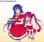  bell blue_eyes blue_hair cake chocolate christmas dress flower food gloves happy kooh long_hair musical_note official_art pangya papel pastry red_eyes red_hair redhead ribbon ribbons smile twintails 