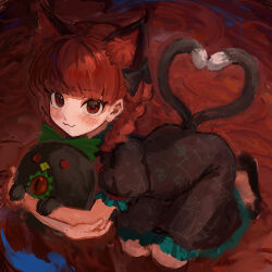  1girl :3 absurdres animal_ears b_nosk101 black_dress blush bow braid cat_ears cat_tail closed_mouth commentary dress extra_ears from_above hair_bow heart heart_tail highres kaenbyou_rin kneeling long_hair looking_at_viewer looking_up multiple_tails red_eyes red_hair reiuji_utsuho reiuji_utsuho_(bird) short_sleeves smile solo symbol-only_commentary tail touhou twin_braids twintails two_tails 