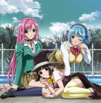  blue_hair blush bob_cut brown_hair collar cross demon_girl green_eyes hat kurono_kurumu kuruno_kurumu long_hair pink_hair purple_eyes rosario+vampire school_uniform sendo_yukari sendou_yukari short_hair skirt succubus thigh-highs thighhighs very_long_hair violet_eyes wink witch_hat 