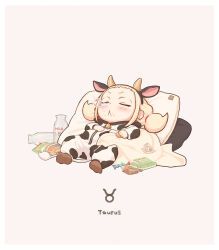  1girl :&lt; animal_costume animal_ears bell black_hairband blush bottle brown_background brown_socks chibi closed_eyes closed_mouth cow_costume cow_ears cow_horns facing_viewer fake_animal_ears fake_horns food food_on_face hairband highres hood hood_down horns kozato_(yu_kozato) little_blonde_girl_(kozato) milk_bottle neck_bell no_shoes nose_bubble onesie original pillow simple_background sleeping socks solo taurus_(symbol) taurus_(zodiac) zodiac 
