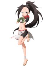  1girl anime_coloring bandaged_leg bandages bike_shorts black_hair blush breasts brown_eyes fingerless_gloves forehead full_body gloves green_gloves hands_on_own_chest hands_up high_ponytail japanese_clothes kunoichi_tsubaki_no_mune_no_uchi leg_up long_hair looking_at_viewer midriff navel ninja official_art okuda_yousuke pelvic_curtain ponytail red_scarf scarf short_sleeves simple_background small_breasts smile solo standing standing_on_one_leg tachi-e transparent_background tsubaki_(kunoichi_tsubaki_no_mune_no_uchi) waraji 