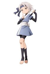  1girl anime_coloring bike_shorts black_socks blue_headband blue_kimono blush breasts bridal_gauntlets brown_eyes closed_mouth flat_chest full_body grey_hair hands_up headband higiri_(flower_knight_girl) holding holding_kunai holding_weapon index_finger_raised japanese_clothes kimono kuji-in kunai kunoichi_tsubaki_no_mune_no_uchi looking_at_viewer ninja obi official_art okuda_yousuke parted_bangs sash short_hair short_sleeves simple_background single_sidelock smile socks solo standing tachi-e transparent_background tsurime v-shaped_eyebrows weapon white_sash 