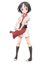  1girl anime_coloring black_eyes black_hair blush bob_cut breasts flat_chest full_body japanese_clothes kibushi_(kunoichi_tsubaki_no_mune_no_uchi) kimono kunoichi_tsubaki_no_mune_no_uchi looking_at_viewer ninja obi official_art okuda_yousuke open_mouth parted_bangs pelvic_curtain sash short_hair short_kimono short_sleeves simple_background sleeves_pushed_up smile solo standing stretching tachi-e tareme teeth toeless_legwear toenails toes transparent_background white_kimono 