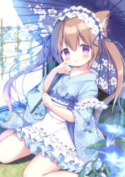  1girl :o animal_ear_fluff animal_ears apron azumi_kazuki blue_flower blue_kimono blue_umbrella blush brown_hair commentary_request floral_print flower frilled_apron frills hair_between_eyes headdress holding holding_umbrella japanese_clothes kimono long_hair long_sleeves looking_at_viewer maid oil-paper_umbrella original parted_lips print_kimono print_umbrella sample_watermark solo twintails umbrella very_long_hair violet_eyes wa_maid waist_apron watermark white_apron wide_sleeves 