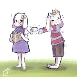  1:1 1boy 1girl 2016 2d aged_down animal_ears anthro artist_logo asgore_dreemurr barefoot book brown_shorts child cup digital_media dress drink droopy_ears duo fangs fasli female floppy_ears full_body furry furry_female furry_male glasses goat goat_boy goat_ears goat_girl goat_horns hetero highres holding holding_book holding_cup holding_drink horizontal-striped_clothes horns male mammal monster monster_boy monster_girl purple_dress purple_shirt red-framed_eyewear red_stripes shirt shorts simple_background standing striped_clothes striped_shirt tea teacup toriel two-tone_shirt undertale utdr_(toby_fox) white_background white_fur white_horns 