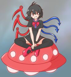  1girl :d asymmetrical_wings black_dress black_hair black_thighhighs bow bowtie bright_pupils commentary commission dot_nose dress flying_saucer footwear_bow full_body grey_background grin hair_between_eyes highres houjuu_nue light_blush looking_at_viewer medium_hair mismatched_wings mizusoba orange_eyes red_bow red_bowtie red_shoes shoes short_dress short_sleeves sitting skeb_commission smile solo spacecraft split_mouth thigh-highs touhou ufo white_pupils wings 