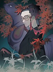  1boy arbok black-framed_eyewear black_jacket closed_mouth corbeau_(pokemon) from_side glasses highres jacket leaf long_sleeves necktie parted_lips pokemon pokemon_(creature) pokemon_legends:_z-a purple_hair round_eyewear shirt short_hair short_sideburns snake u_game_xx yellow_eyes 