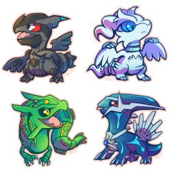  blue_eyes chibi commentary_request dialga full_body malky_(malkshake) no_humans open_mouth pokemon pokemon_(creature) rayquaza reshiram sharp_teeth simple_background teeth tongue tongue_out white_background yellow_eyes zekrom 