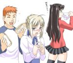  blonde_hair blouse blue_eyes blush emiya_shirou fate/stay_night fate_(series) food jpeg_artifacts long_hair panties raglan_sleeves saber sandwich tears thighhighs tohsaka_rin toosaka_rin torn_clothes torn_panties underwear 