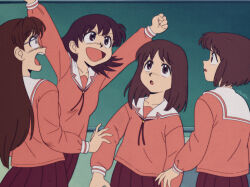 1980s_(style) 4girls absurdres arms_up azumanga_daioh azumanga_daioh's_school_uniform brown_eyes brown_hair chalkboard chronocrump classroom derivative_work highres kaori_(azumanga_daioh) kasuga_ayumu mizuhara_koyomi multiple_girls open_mouth parody retro_artstyle school school_uniform screenshot_redraw takino_tomo 