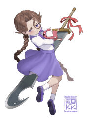  1girl anita_(darkstalkers) braid brown_hair closed_mouth darkstalkers doll dress full_body highres kkzk61539201 long_hair purple_dress simple_background solo sword violet_eyes watermark weapon white_background 