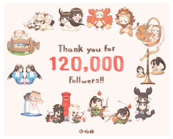  3girls :&lt; animal animal_costume animal_ears apple arm_up arms_up arrow_(symbol) baguette balance_scale bare_arms bare_shoulders barefoot basket bell belt belt_buckle black_belt black_boots black_eyes black_hair black_hairband black_hat black_jacket black_pants black_shirt black_shoes blonde_hair blue_eyes blush boots bottle bow_(weapon) braid bread brown_background brown_socks buckle cake cake_slice chibi claw_pose climbing cloak closed_eyes closed_mouth commentary_request cow_costume cow_ears cow_horns crab_costume crown detached_pants dress eating facing_viewer fake_animal_ears fake_horns fake_tail feathered_wings fence food food_on_face fruit full_body goat_ears goat_girl goat_horns goat_tail grass grey_eyes hairband hand_up hat highres holding holding_bow_(weapon) holding_food holding_plate holding_weapon hood hood_down hood_up hooded_cloak horns in_basket in_container inflatable_armbands innertube jacket kemonomimi_mode kozato_(yu_kozato) laurel_crown lion_costume lion_ears lion_tail little_blonde_girl_(kozato) long_hair long_sleeves looking_at_viewer medallion mermaid milestone_celebration milk_bottle mini_person minigirl monster_girl monsterification multiple_girls neck_bell neck_ribbon no_shoes nose_bubble onesie original pants peaked_cap pillow plate ponytail postbox_(outgoing_mail) pouring puffy_short_sleeves puffy_sleeves quiver red_ribbon ribbon seashell shallow_water sheep sheep_costume sheep_horns shell shirt shoes short_eyebrows short_sleeves siblings simple_background single_braid sisters sitting sleeping sleeveless sleeveless_dress socks solo standing starfish suction-cup_arrow swim_ring tail thank_you thick_eyebrows tricycle tunic twins twintails v-shaped_eyebrows very_long_hair water weapon weighing_scale white_cloak white_dress white_hair white_hat white_jacket white_pants white_shirt white_shoes white_wings william_tell_(legend) wings 