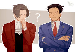 2boys ? ace_attorney ascot black_hair blue_jacket collared_shirt commentary_request crossed_arms erm_nkcn jacket long_sleeves male_focus miles_edgeworth multiple_boys necktie phoenix_wright red_jacket red_necktie shirt short_hair thinking white_ascot 