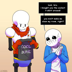  1:1 2022 2boys 2d absurdres armor artist_name black_shirt blue_jacket blue_shorts brothers cape comic comic_sans digital_media duo english_text gloves gradient_background grey_hood highres holding holding_clothes holding_shirt hood hood_down hooded_jacket humanoid jacket male male_focus male_only monster monster_boy multiple_boys nervous open_clothes open_jacket own_hands_together papyrus_(undertale) red_cape red_gloves sans_(undertale) segmented_comic sequential shirt shorts siblings simple_background skeleton susartwork sweat t-shirt teeth text undead undertale utdr_(toby_fox) white_armor white_shirt yellow_background 