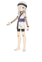  1girl anime_coloring bare_shoulders bike_shorts black_headband blush breasts detached_sleeves flat_chest full_body grey_eyes grey_hair hair_over_one_eye headband hototogisu_(kunoichi_tsubaki_no_mune_no_uchi) japanese_clothes kimono kunoichi_tsubaki_no_mune_no_uchi long_hair long_sidelocks looking_at_viewer ninja obi official_art okuda_yousuke open_hand outstretched_arm purple_sash red_ribbon ribbon sash short_kimono sidelocks simple_background sleeveless solo standing tachi-e transparent_background tsurime white_kimono 