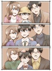  1girl 2boys ^_^ blue_eues blush bow bowtie brown_hair child closed_eyes edogawa_conan facial_hair family glasses hair_between_eyes hat jacket long_hair malak_(malaktota20) meitantei_conan multiple_boys mustache one_eye_closed pink_jacket ponytail short_hair sweatdrop upper_body yellow_hat 