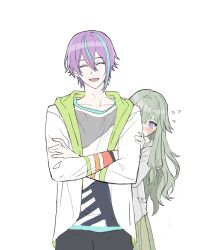  1boy 1girl asymmetrical_sidelocks blue_hair blush commentary_request crossed_arms double-parted_bangs facing_viewer green_hair hiding hiding_behind_another highres jacket kamishiro_rui korean_commentary kusanagi_nene long_hair long_sleeves looking_at_viewer multicolored_hair open_clothes open_jacket open_mouth project_sekai purple_hair short_hair sidelocks simple_background streaked_hair two-tone_hair violet_eyes white_background www_2duck2 