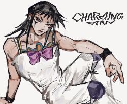  1boy arm_support black_hair bow character_name charming_man closed_mouth facial_mark highres jojo_no_kimyou_na_bouken long_hair looking_at_viewer male_focus naru_tomaki overalls purple_bow sitting solo spiky_hair the_jojolands white_background white_overalls wristband 