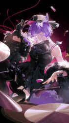  1girl absurdres animal_ear_fluff animal_ears arknights ascot bang_dream! bang_dream!_it&#039;s_mygo!!!!! bare_shoulders black_ascot black_background black_dress black_gloves black_hat black_thighhighs cat_ears cat_girl chinese_commentary closed_eyes closed_mouth commentary_request confetti dress drum drum_set drumsticks feather_boa feet_out_of_frame gloves hat highres holding holding_drumsticks instrument playing_drum purple_hair short_hair smile solo tail thigh-highs tuanliu_huoyan yuutenji_nyamu yuutenji_nyamu_(magician_of_passion) 