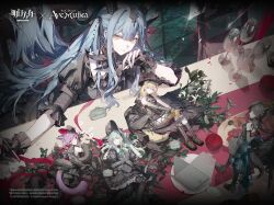  5girls amoris_(bang_dream!) animal arknights bang_dream! bang_dream!_it&#039;s_mygo!!!!! black_border black_dress black_gloves black_hair blonde_hair blue_eyes border cake candle candlestand chair copyright_logo copyright_notice cropped crossover cup doloris_(bang_dream!) dress drinking_glass fading_border food fork fruit gloves green_hair hat highres holding holding_fork holding_knife horns knife letter long_hair looking_at_viewer misumi_uika misumi_uika_(caged_singer) mortis_(bang_dream!) mortis_(costume)_(bang_dream!) multiple_girls oblivionis_(bang_dream!) official_alternate_costume official_art plate purple_hair ribbon tail timoris_(bang_dream!) togawa_sakiko togawa_sakiko_(master_of_melodia) wakaba_mutsumi wakaba_mutsumi_(marionette&#039;s_id) wine_glass yahata_umiri yahata_umiri_(moonlight_executioner) yellow_eyes yuutenji_nyamu yuutenji_nyamu_(magician_of_passion) 