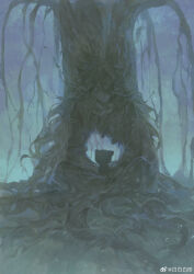  2boys absurdres black_cat cat closed_eyes fengxi_(the_legend_of_luoxiaohei) highres hole luo_xiaohei luo_xiaohei_(cat) luo_xiaohei_zhanji multiple_boys plant_roots pointy_ears sitting tree weibo_2871627840 