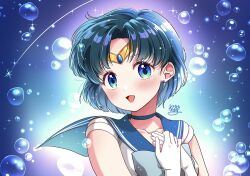  bishoujo_senshi_sailor_moon blue_bow blue_bowtie blue_choker blue_eyes blue_hair blue_sailor_collar blue_skirt boots bow bowtie bubble choker circlet collarbone earrings elbow_gloves gloves hands_on_own_chest highres jewelry lips mizuno_ami own_hands_together parted_bangs pocyakko_m sailor_collar sailor_mercury sailor_senshi_uniform short_hair skirt smile stud_earrings white_gloves 