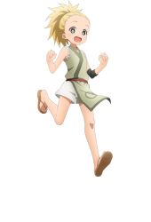  1girl :d anime_coloring blonde_hair blush breasts clenched_hands elbow_gloves flat_chest forehead full_body gloves green_kimono higuruma_(kunoichi_tsubaki_no_mune_no_uchi) japanese_clothes kimono kunoichi_tsubaki_no_mune_no_uchi leg_up looking_at_viewer official_art okuda_yousuke open_mouth pelvic_curtain ponytail running short_shorts shorts simple_background single_elbow_glove sleeveless smile solo tachi-e transparent_background w_arms waraji white_shorts yellow_eyes 