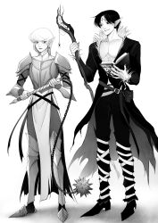  2boys 63roku63 alternate_universe androgynous armor black_hair bug chrollo_lucilfer cross_tattoo facial_mark forehead_mark forehead_tattoo highres hunter_x_hunter kurapika lips male_focus medium_hair monochrome multiple_boys red_eyes short_hair spider tattoo 