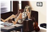  bare_shoulders blonde_hair bloomers bow_(instrument) brown_eyes camisole cd_player chair chin_rest earbuds earphones gunslinger_girl instrument instrument_case long_hair table triela twintails violin 