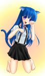  barefoot blue_hair bow cat_ears cat_pose furude_rika higurashi_no_naku_koro_ni kneeling long_hair paw_pose purple_eyes school_uniform skirt suspenders tail violet_eyes white_shirt 