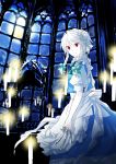  between_fingers braid candle izayoi_sakuya knife maid night pale red_eyes ribbon ribbons short_hair silver_hair touhou twin_braids twintails window 