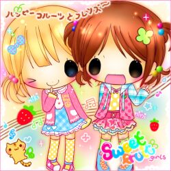  2000s_(style) 2girls :3 :d animal bangs blonde_hair blue_bow blue_dress blue_eyes blue_shoes bow brown_eyes brown_hair canihavepromo cat character_name chibi chibi_only clover clover_hair_ornament dress english fruit green_socks hand_to_own_mouth heart hoodie japanese multicolored_background multicolored_hoodie multicolored_skirt musical_note musical_staff one_eye_closed open_mouth original peace_symbol pink_shoes sammywuvpoo shirt shoes short_dress short_hair skirt sneakers socks star_(symbol) strawberry text translation_request v yellow_shirt yellow_socks 