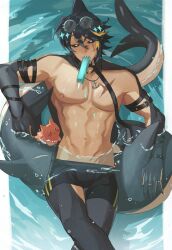  1boy afloat black_sclera blue_eyes character_request collar colored_sclera ear_piercing eyewear_on_head fins fish_tail highres icicle indie_virtual_youtuber looking_at_viewer magic_necro male_focus monster_boy nipples piercing pointy_ears posing scar scar_across_eye scar_on_chest scar_on_face second-party_source shark_boy shark_fin shark_tail sharp_teeth solo tail tan teeth virtual_youtuber wet 